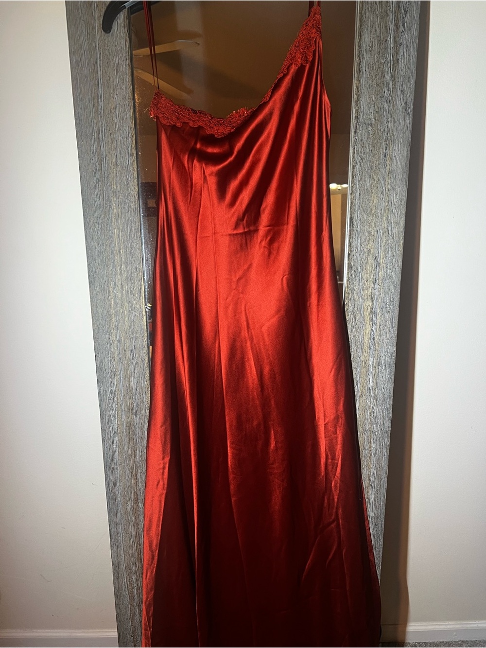 Cami NYC Brick Red One-Shoulder Gown with Lace Detail